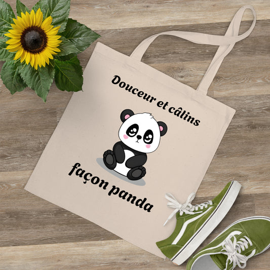 Tote bag 100% coton, couture renforcé "Douceur et câlins, façon panda" avec notre adorable petit panda.