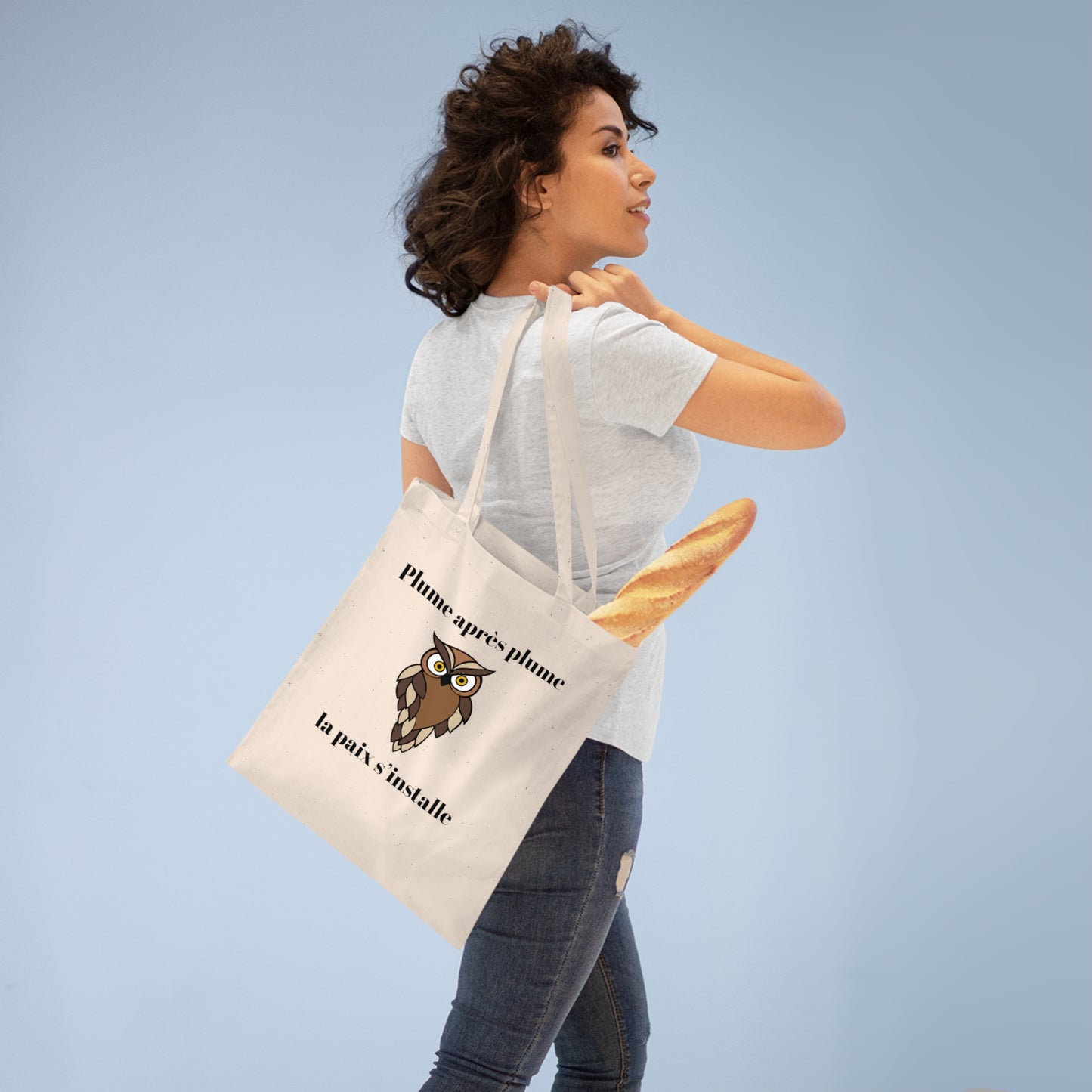 Tote bag 100% coton, couture renforcé "Plume après plume, la paix s'installe" avec notre adorable petite chouette.