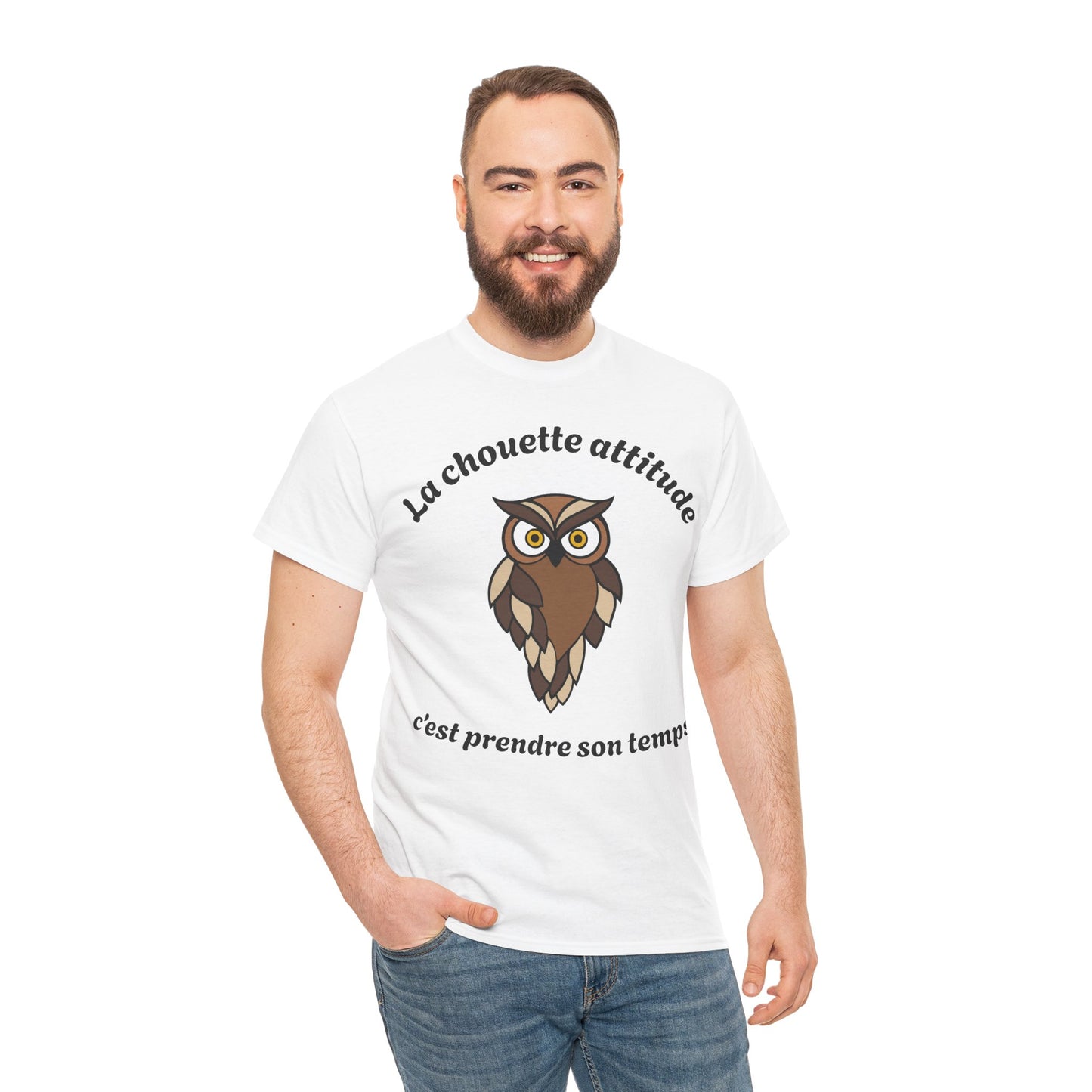 T-shirt unisex 100% coton "La chouette attitude, c’est prendre son temps" avec notre adorable petite chouette.