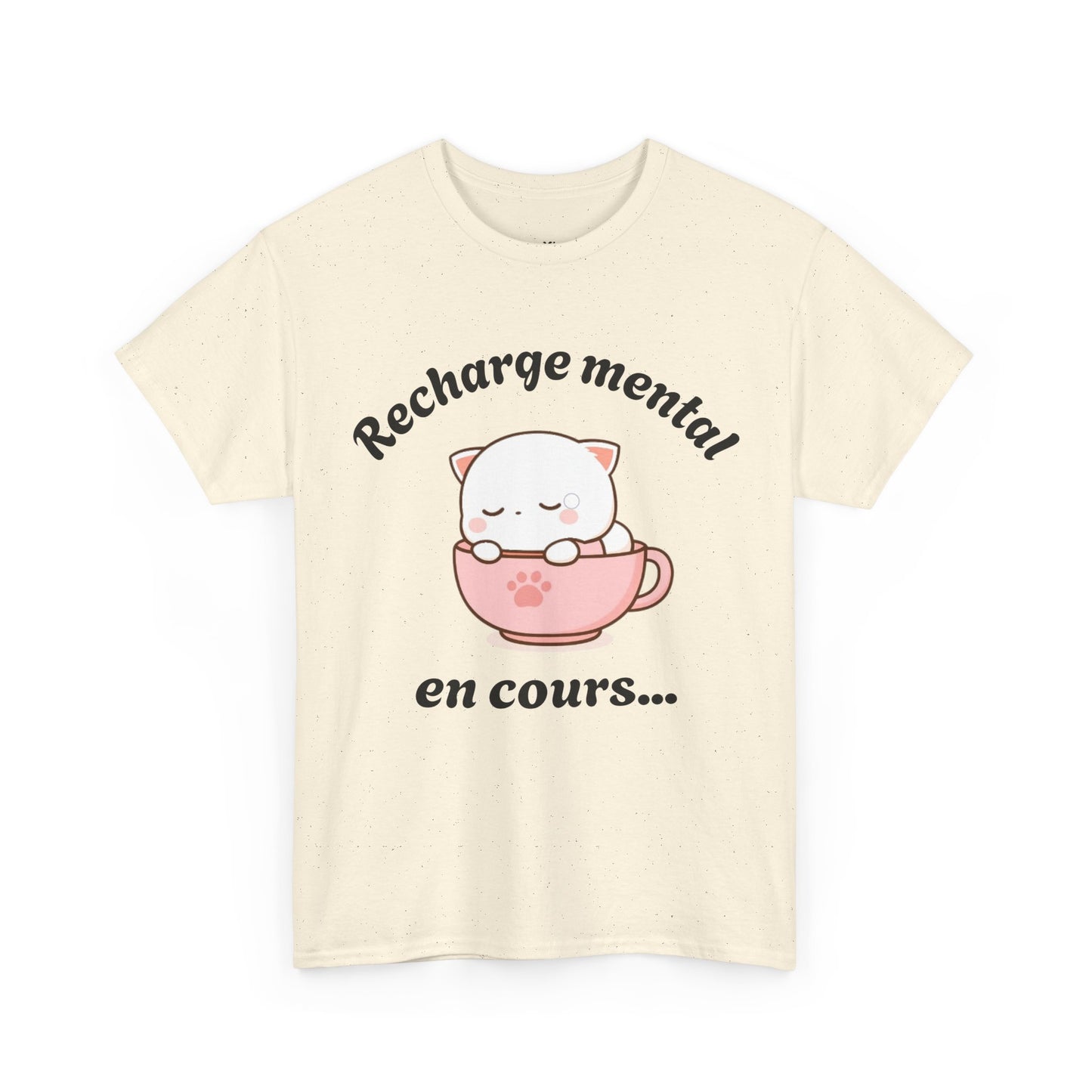 T-shirt unisex 100% coton "Recharge mental en cours..." avec notre adorable petit chat.
