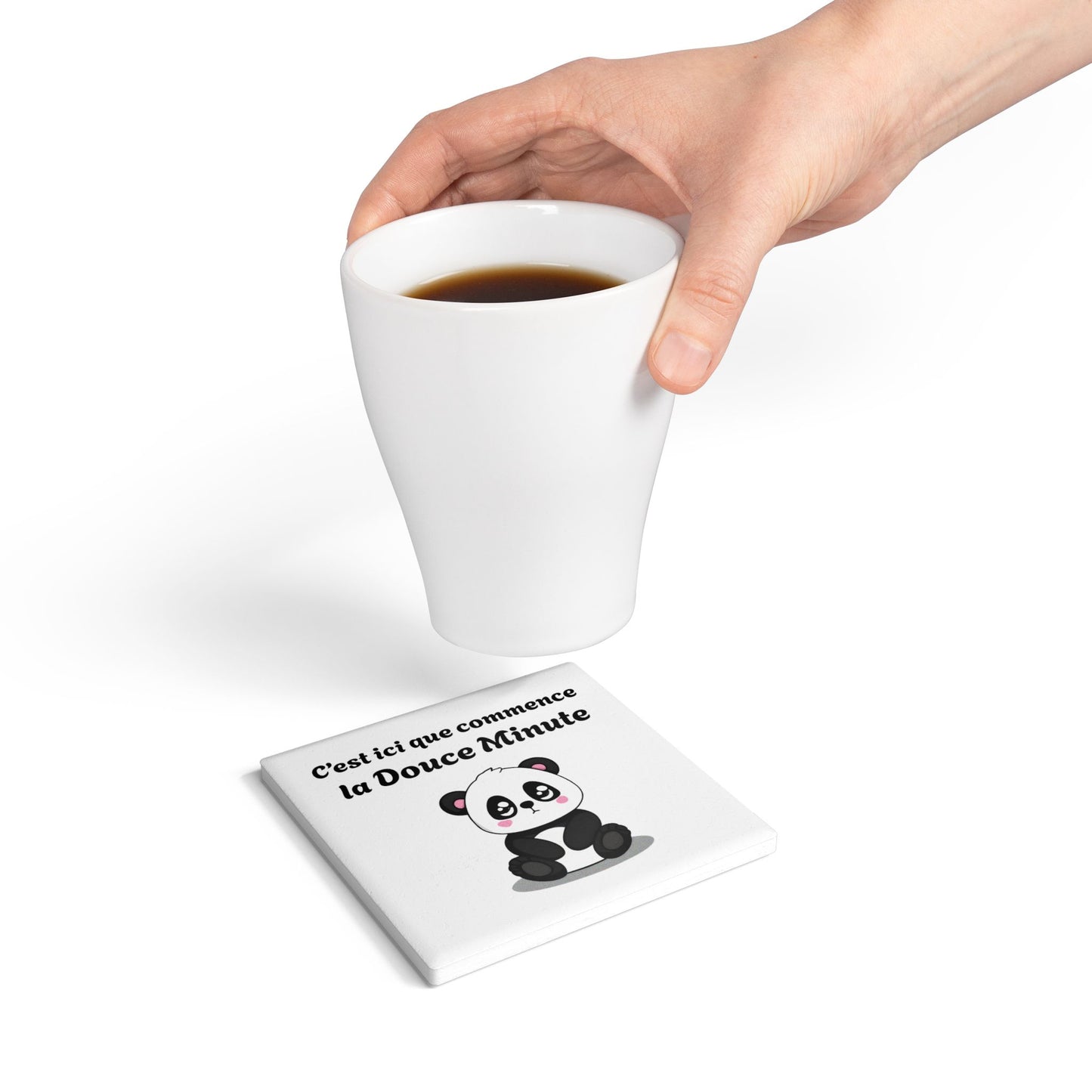 Dessous de verre en céramique "C'est ici que commence la Douce Minute" avec notre agréable et mignon petit panda.
