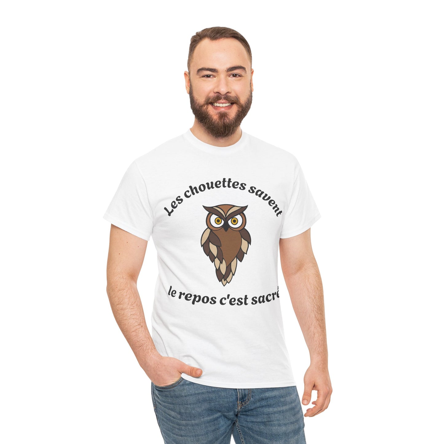 T-shirt unisex 100% coton "Les chouettes savent, le repos c'est sacré" avec notre adorable petite chouette.