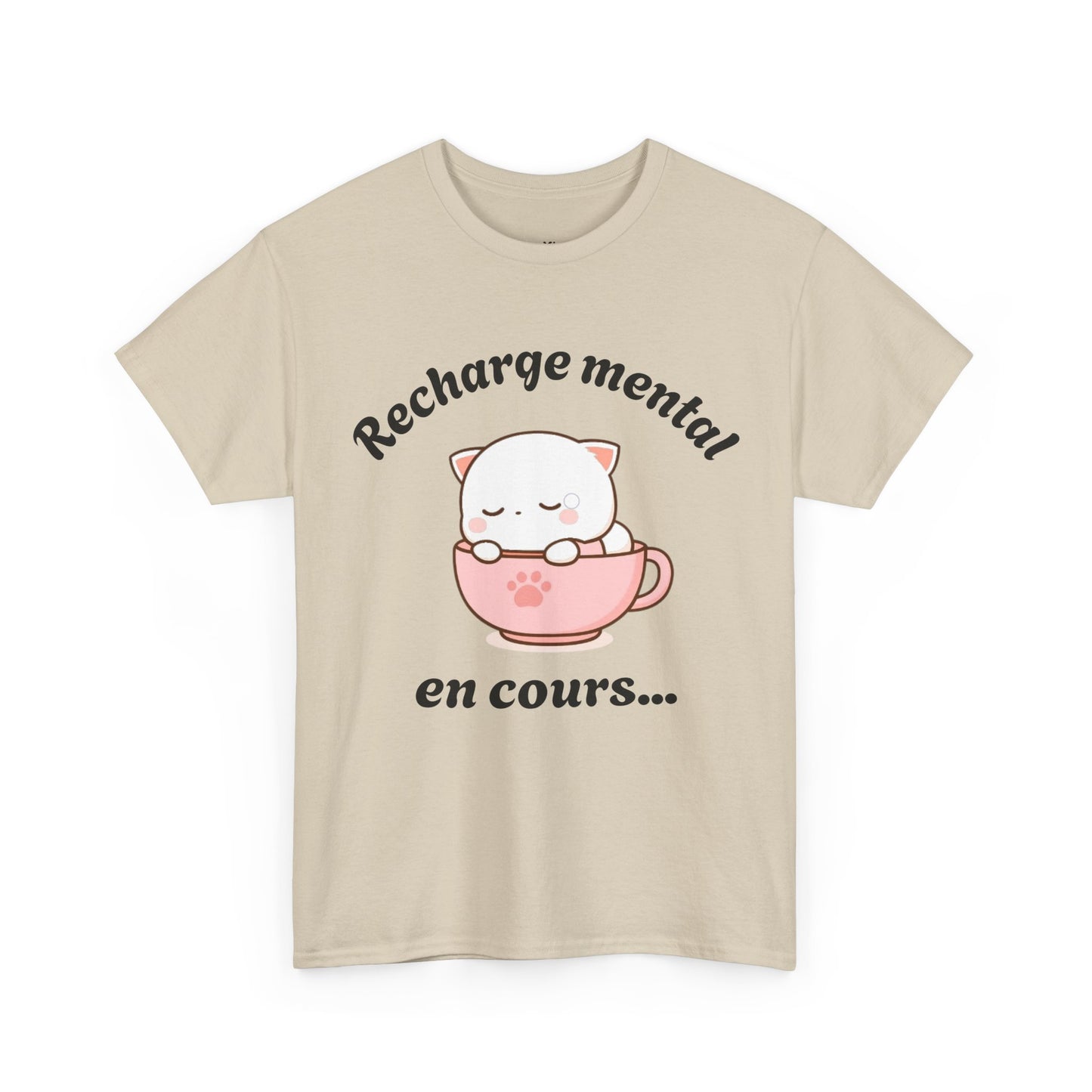 T-shirt unisex 100% coton "Recharge mental en cours..." avec notre adorable petit chat.