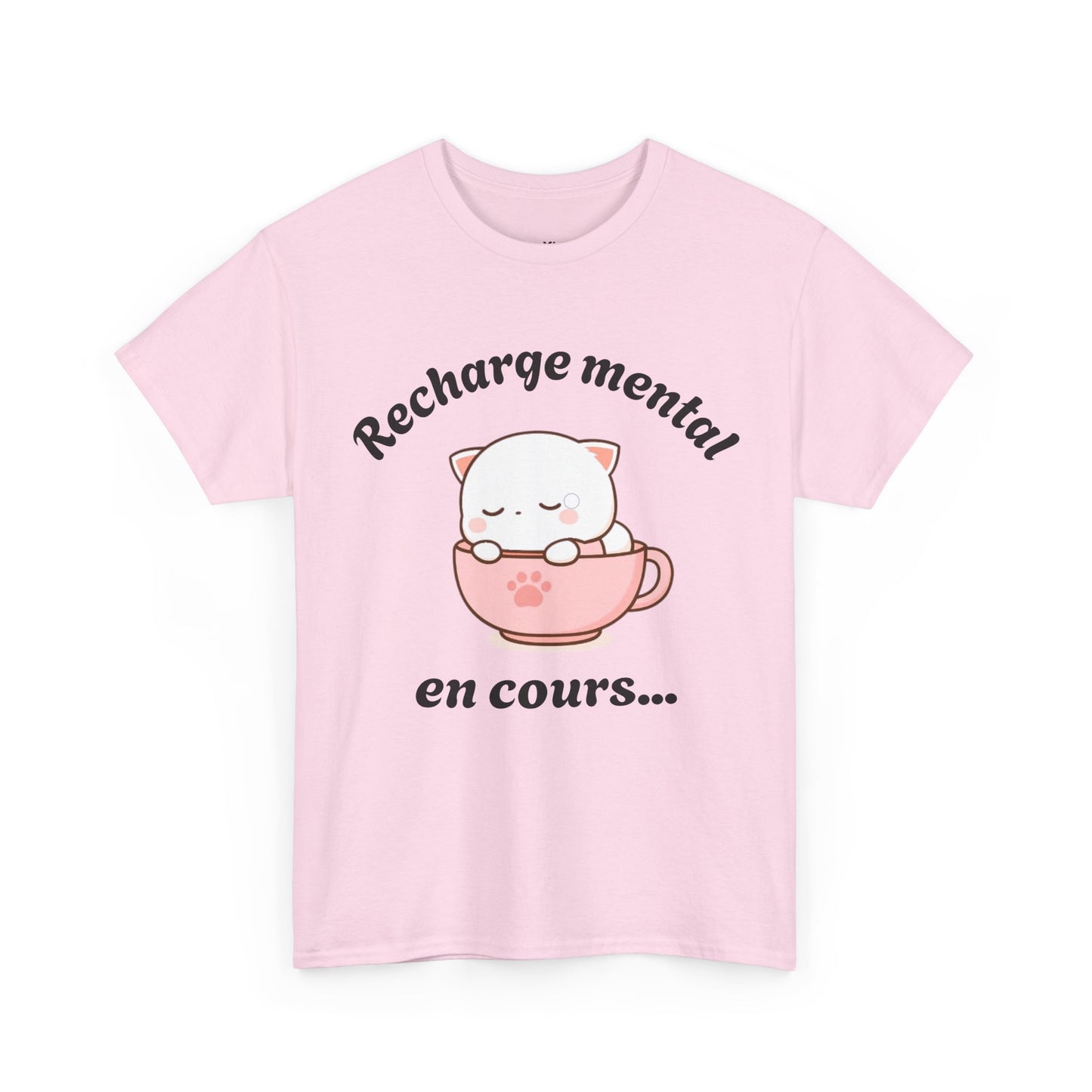 T-shirt unisex 100% coton "Recharge mental en cours..." avec notre adorable petit chat.
