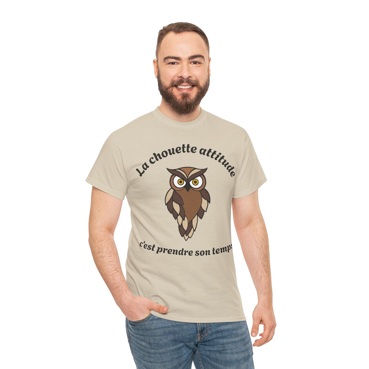 T-shirt unisex 100% coton "La chouette attitude, c’est prendre son temps" avec notre adorable petite chouette.