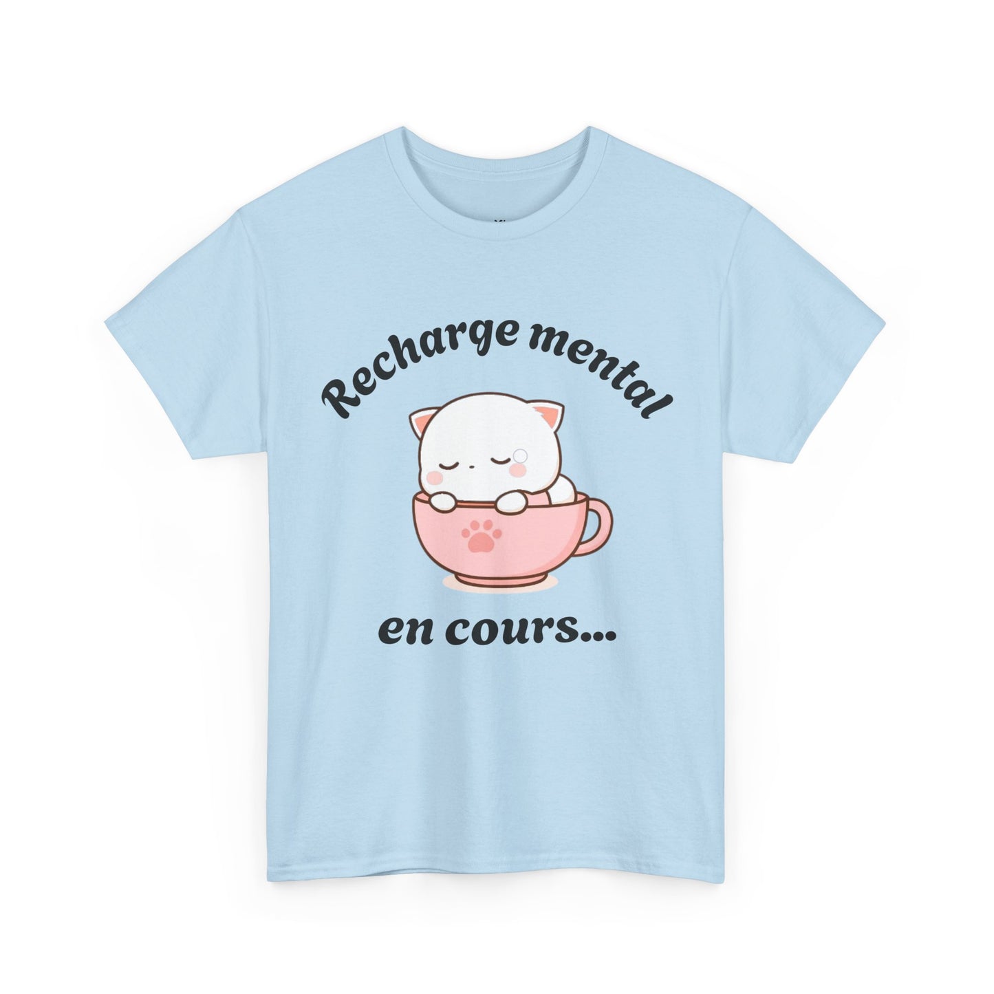 T-shirt unisex 100% coton "Recharge mental en cours..." avec notre adorable petit chat.
