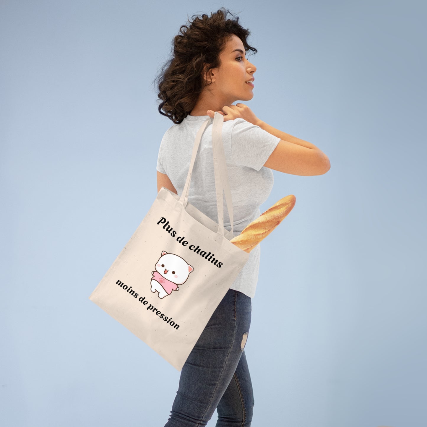 Tote bag 100% coton, couture renforcé "Plus de chalins, moins de pression" avec notre adorable petit chat.