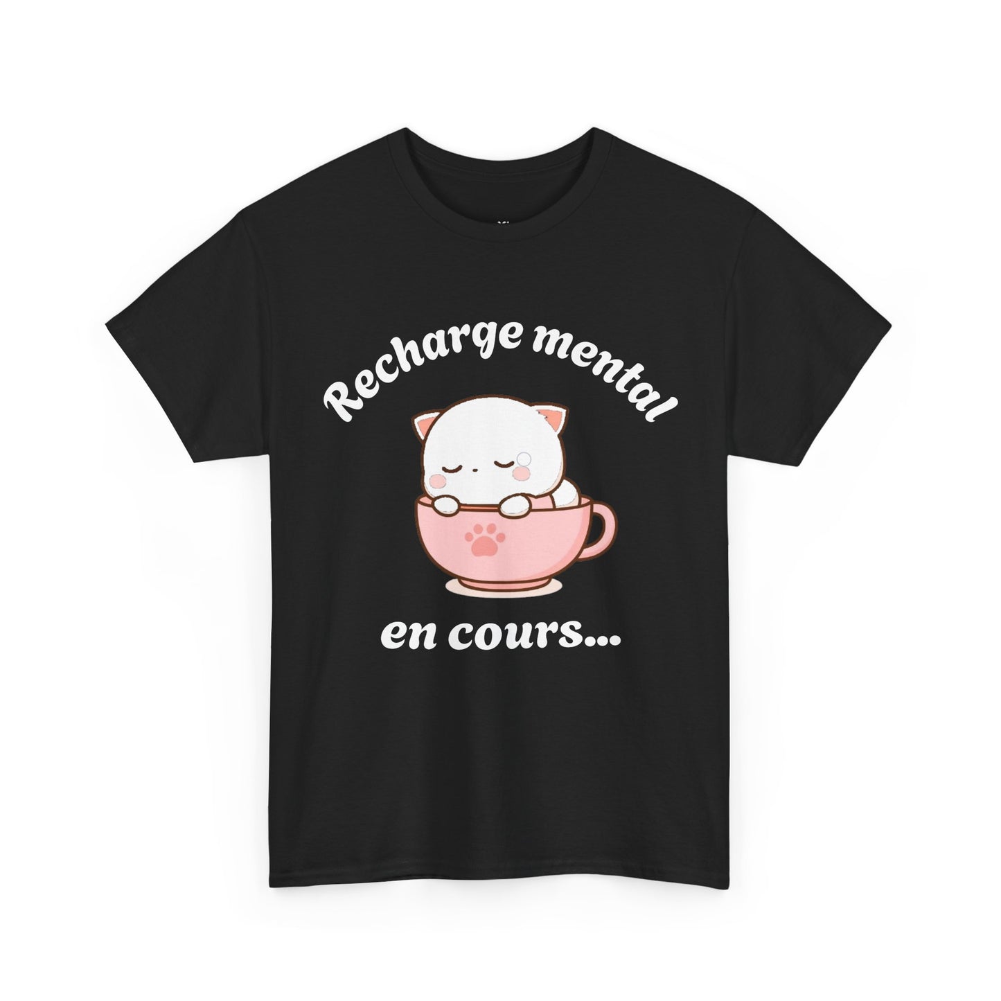 T-shirt unisex 100% coton "Recharge mental en cours..." avec notre adorable petit chat.