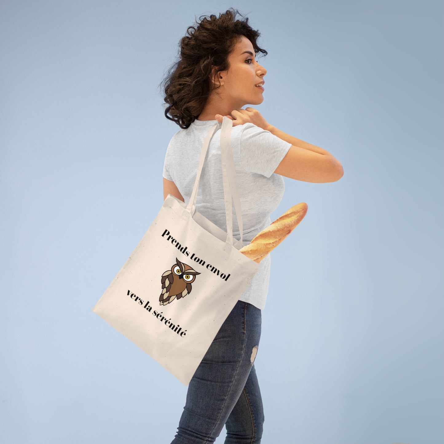 Tote bag 100% coton, couture renforcé "Prends ton envol vers la sérénité" avec notre adorable petite chouette.