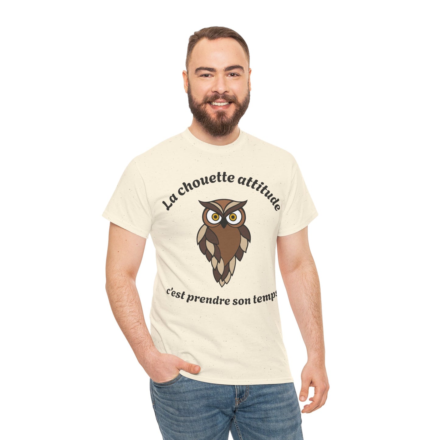 T-shirt unisex 100% coton "La chouette attitude, c’est prendre son temps" avec notre adorable petite chouette.