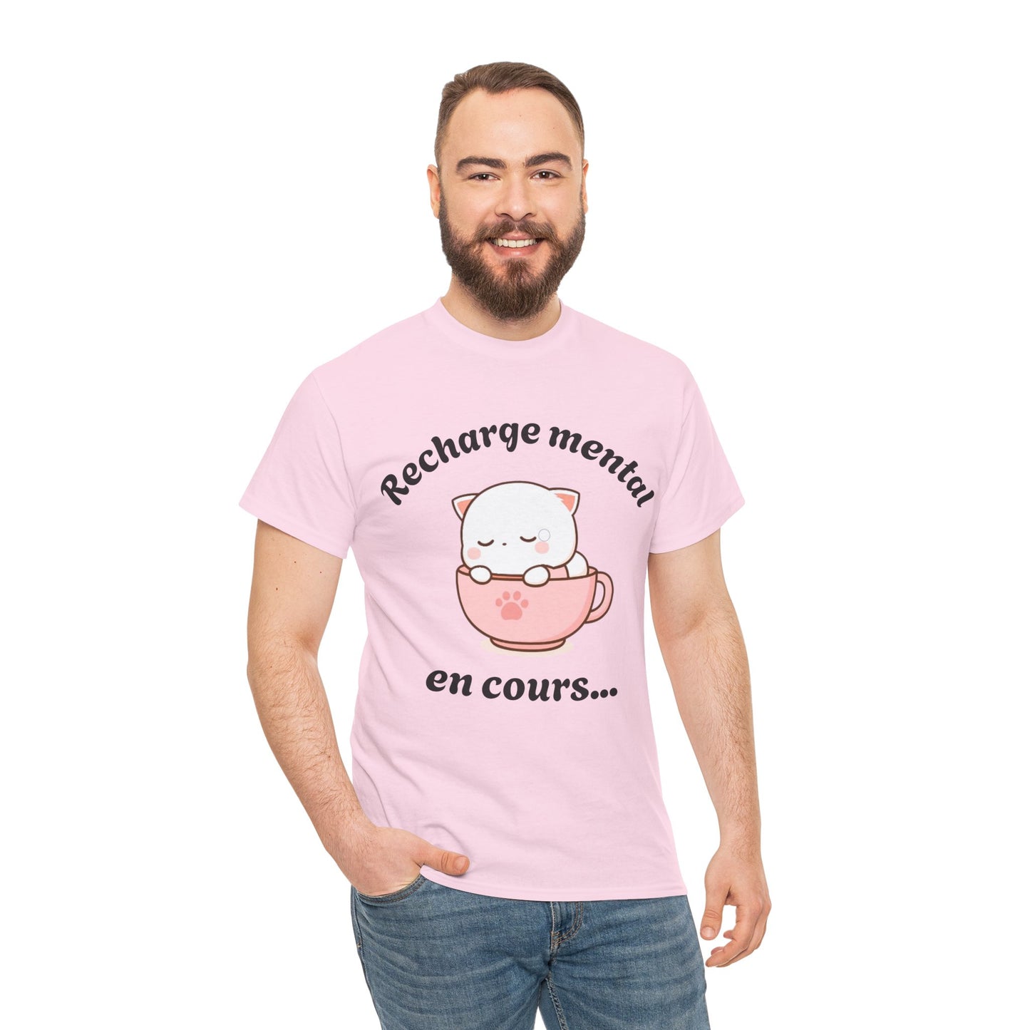T-shirt unisex 100% coton "Recharge mental en cours..." avec notre adorable petit chat.