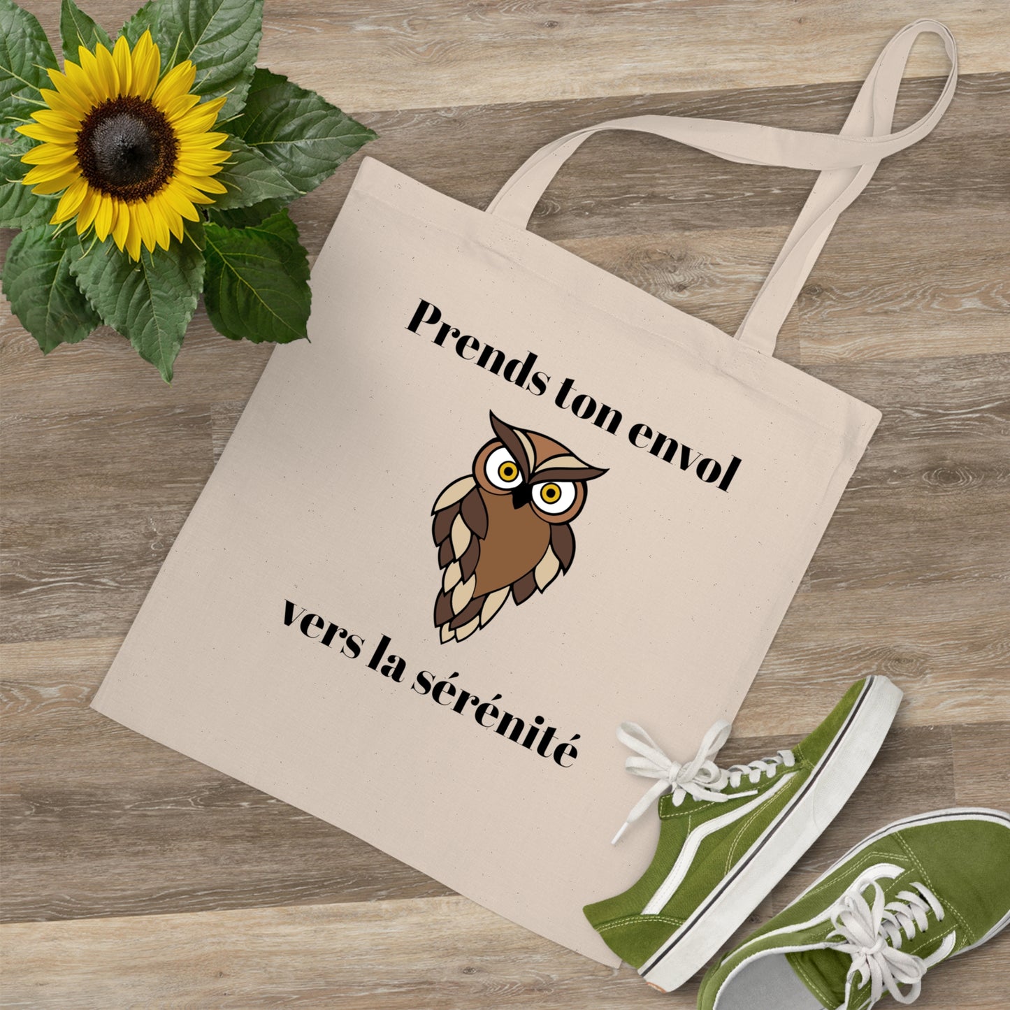 Tote bag 100% coton, couture renforcé "Prends ton envol vers la sérénité" avec notre adorable petite chouette.