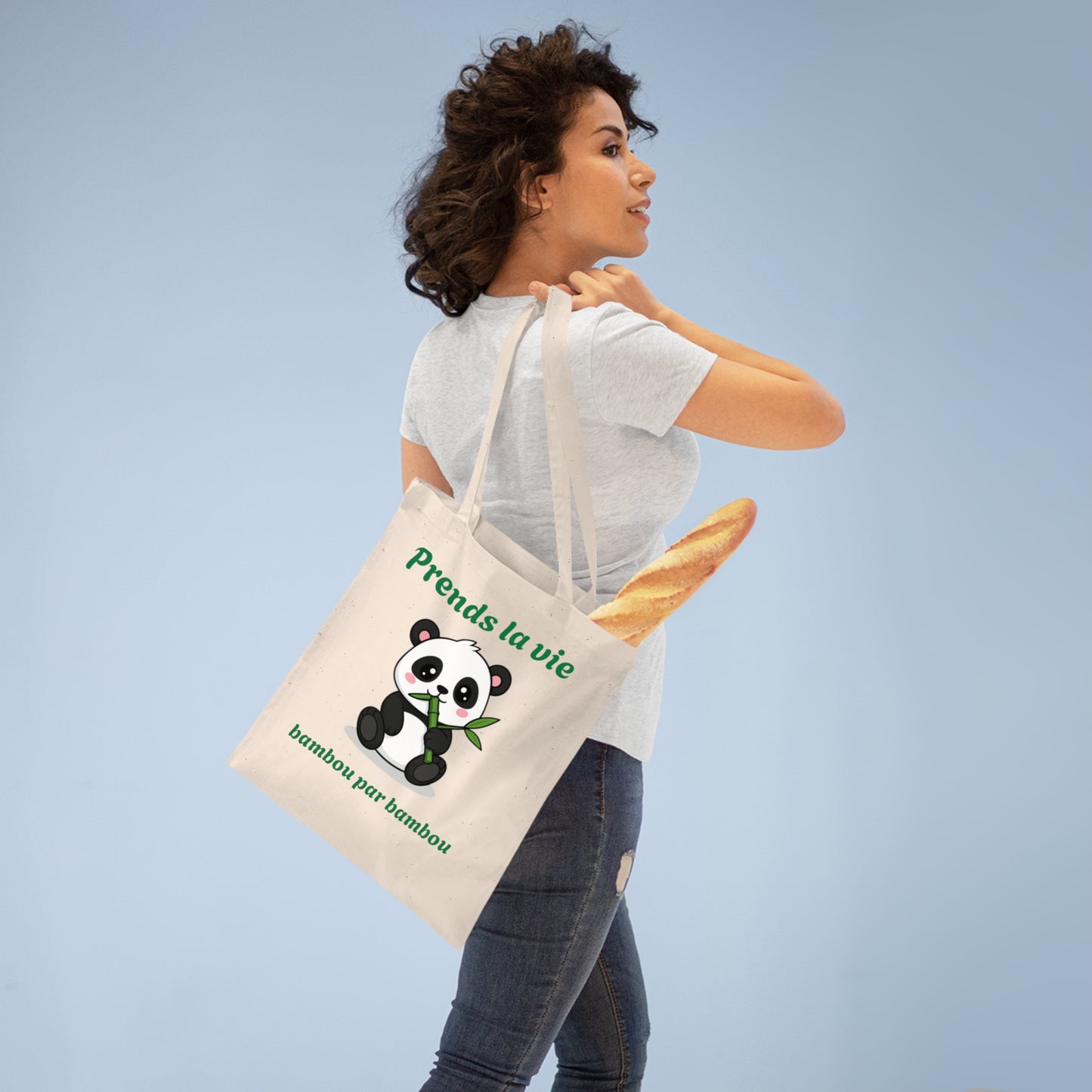 Tote bag 100% coton, couture renforcé "Prends la vie, bambou par bambou" avec notre adorable petit panda.