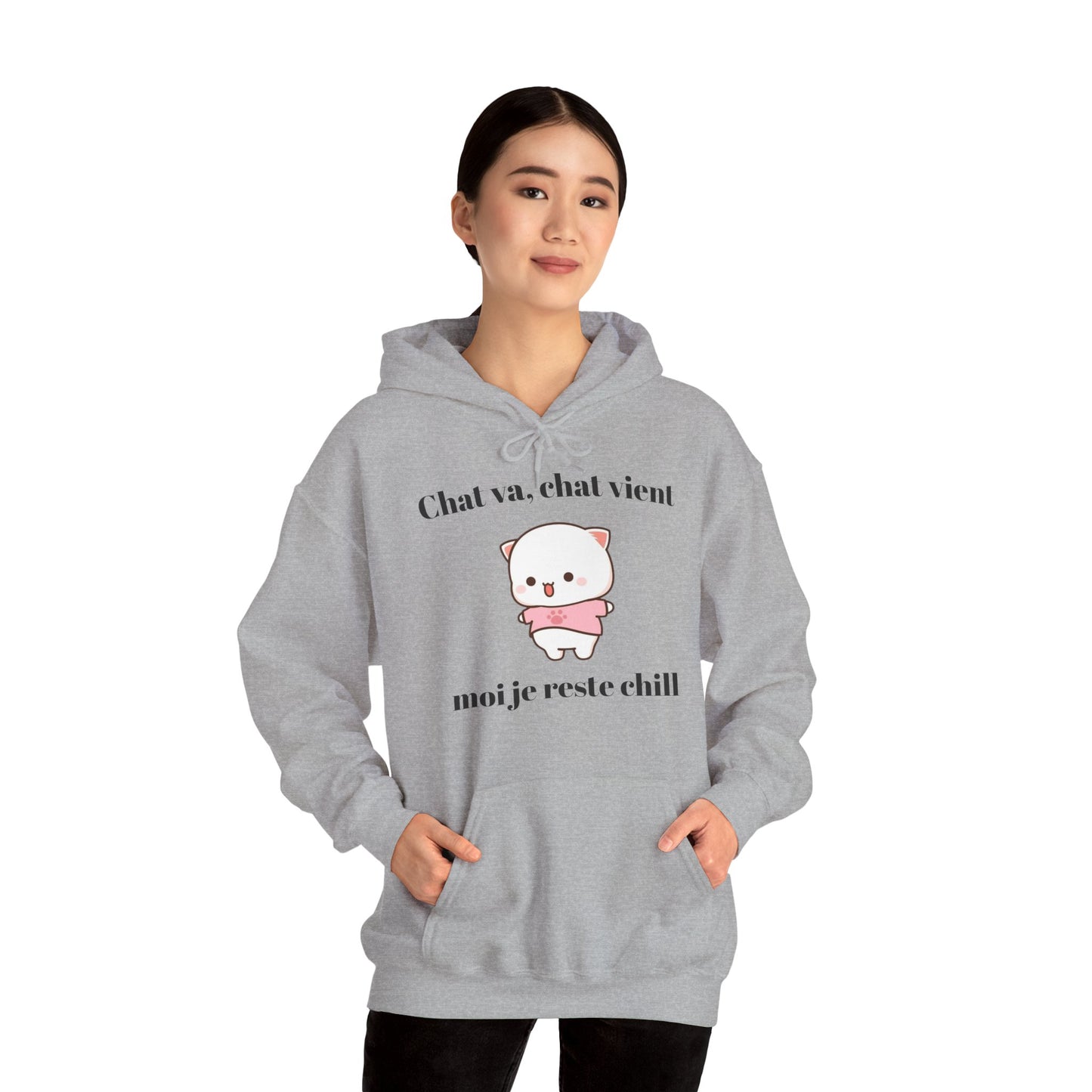 Hoodie unisexe "Chat va, chat vient, moi je reste chill" avec notre adorable petit chat.