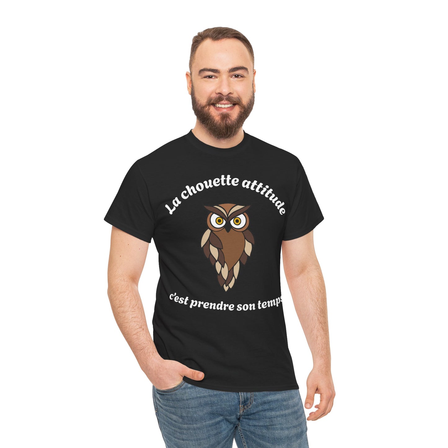 T-shirt unisex 100% coton "La chouette attitude, c’est prendre son temps" avec notre adorable petite chouette.