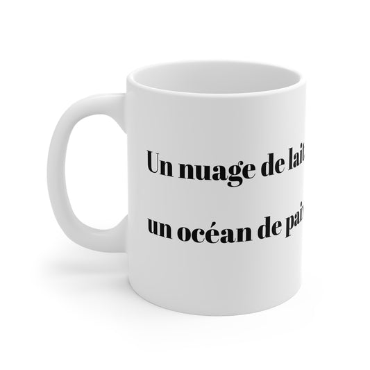 Mug en céramique "Un nuage de lait, un océan de paix" avec notre adorable petit chat.
