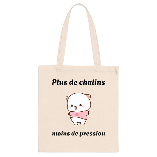 Tote bag 100% coton, couture renforcé "Plus de chalins, moins de pression" avec notre adorable petit chat.