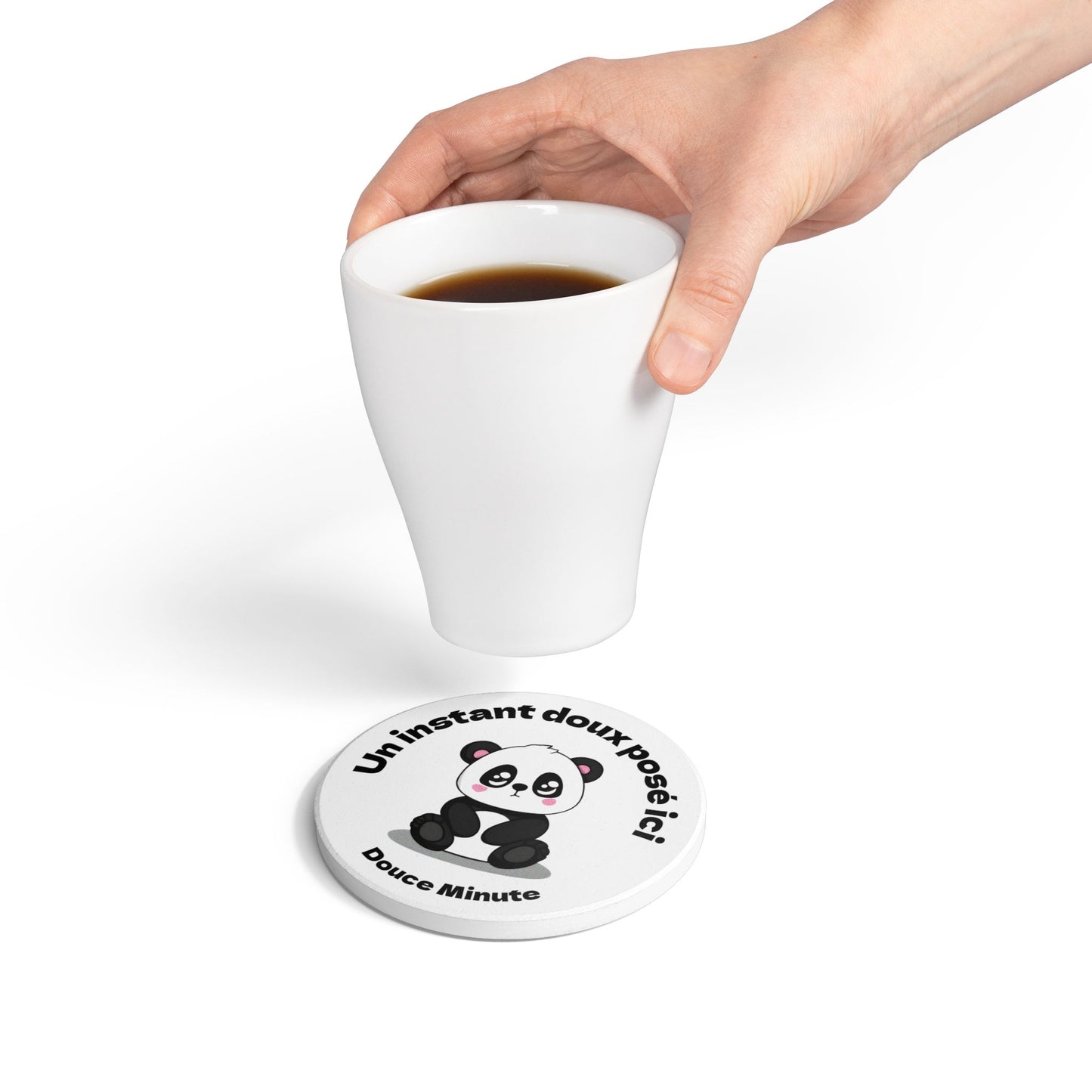 Dessous de verre en céramique "Un instant doux posé ici" avec notre mignon petit panda.