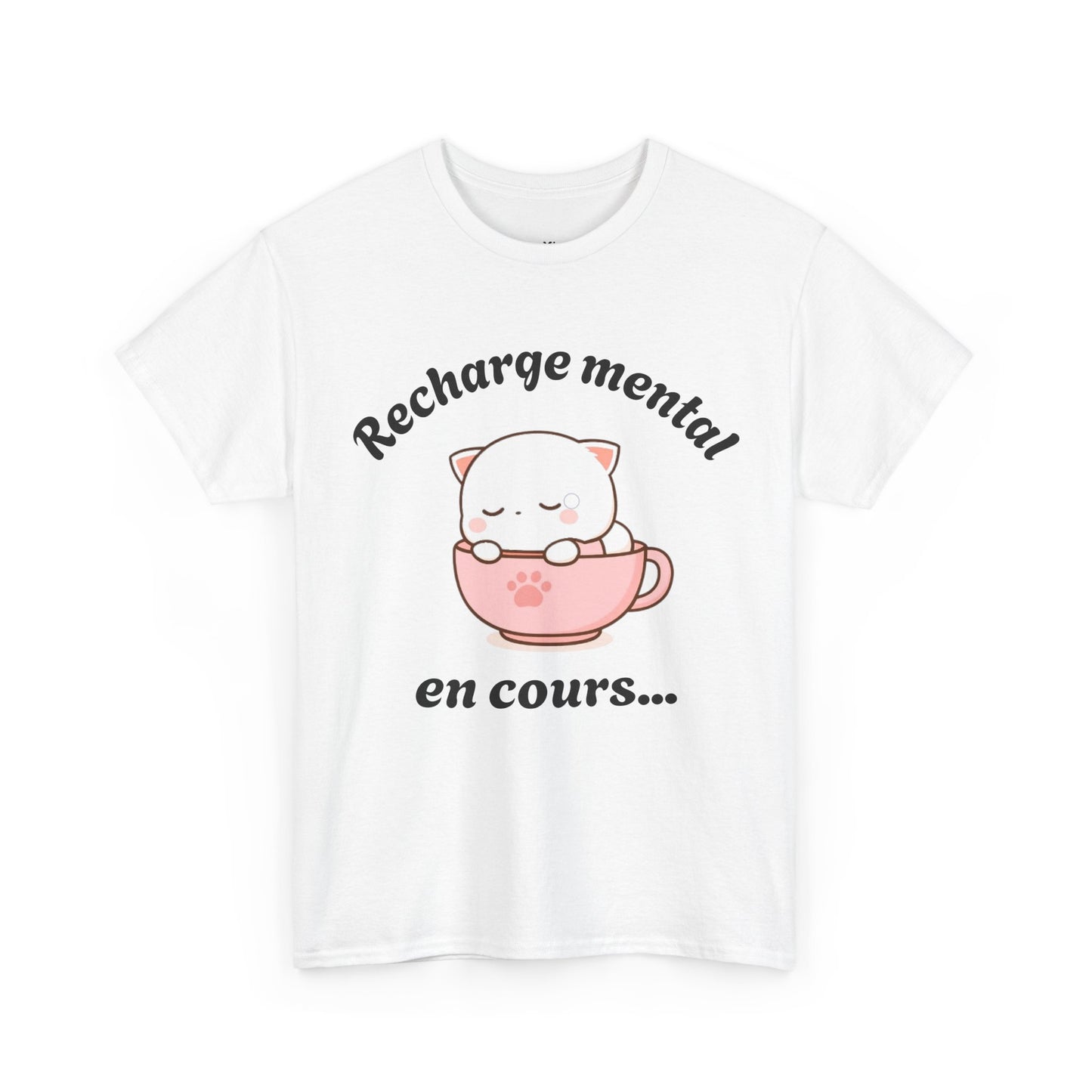T-shirt unisex 100% coton "Recharge mental en cours..." avec notre adorable petit chat.