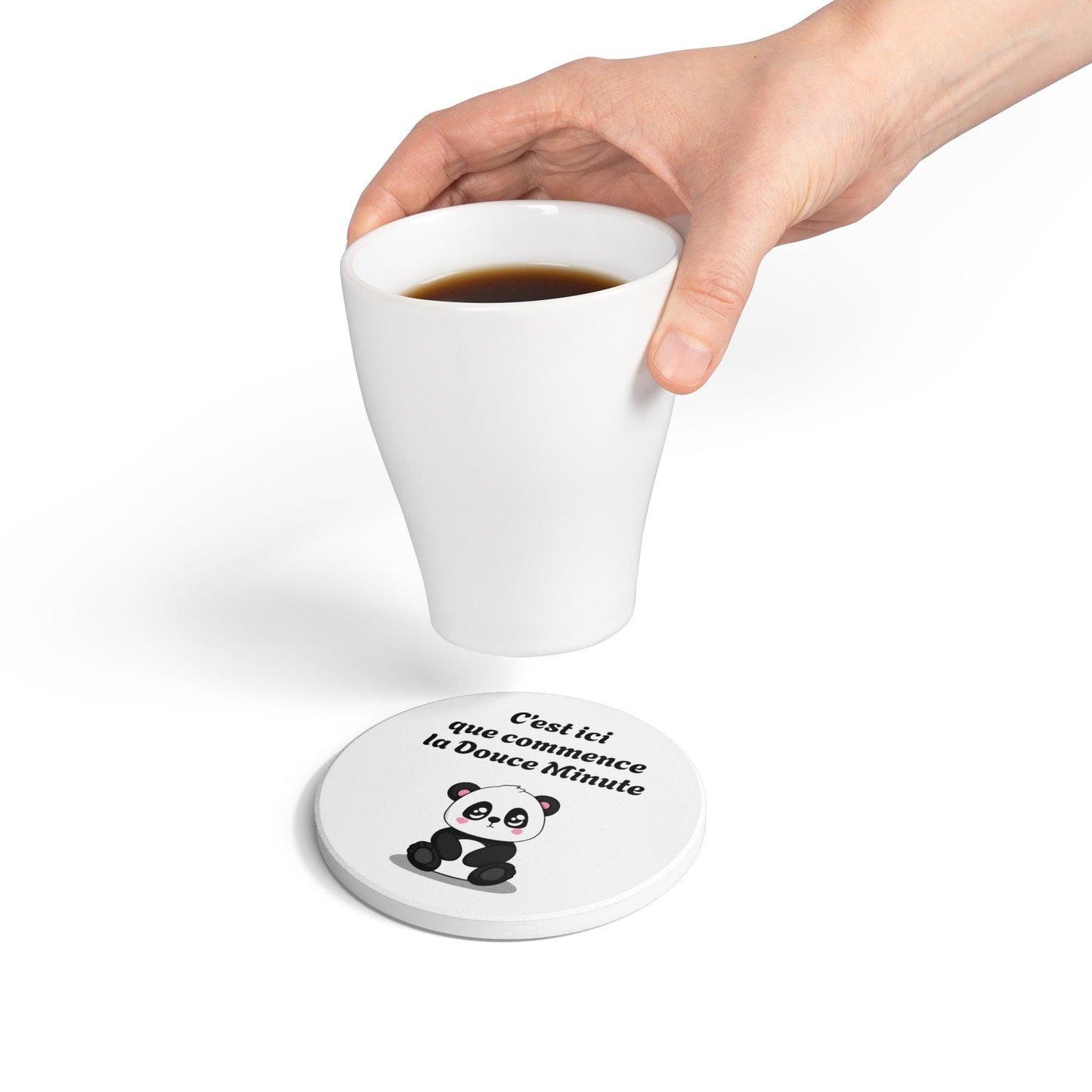 Dessous de verre en céramique "C'est ici que commence la Douce Minute" avec notre agréable et mignon petit panda.