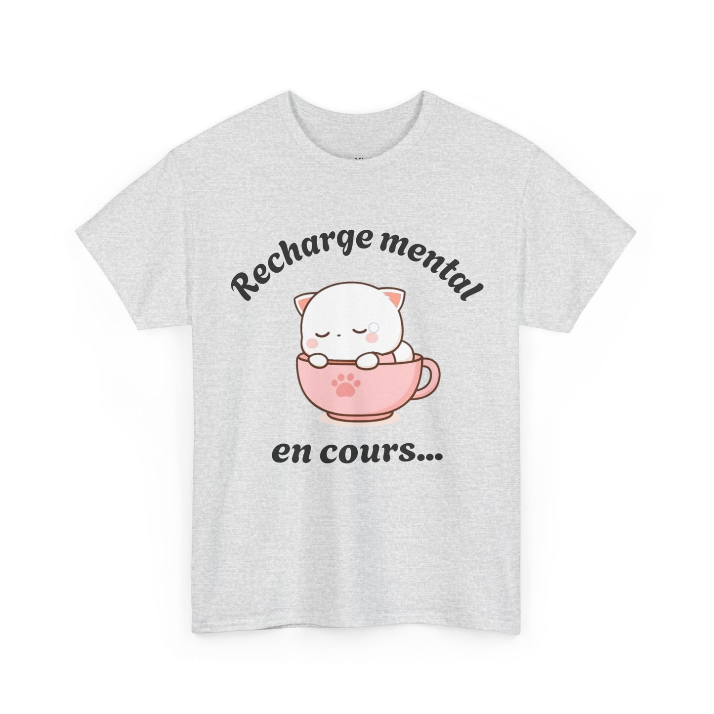 T-shirt unisex 100% coton "Recharge mental en cours..." avec notre adorable petit chat.